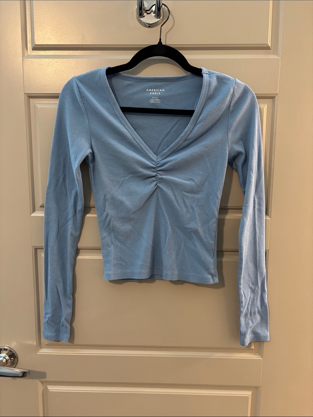 American Eagle Outfitters Sky Blue Long Sleeve V-Neck Ruched Top